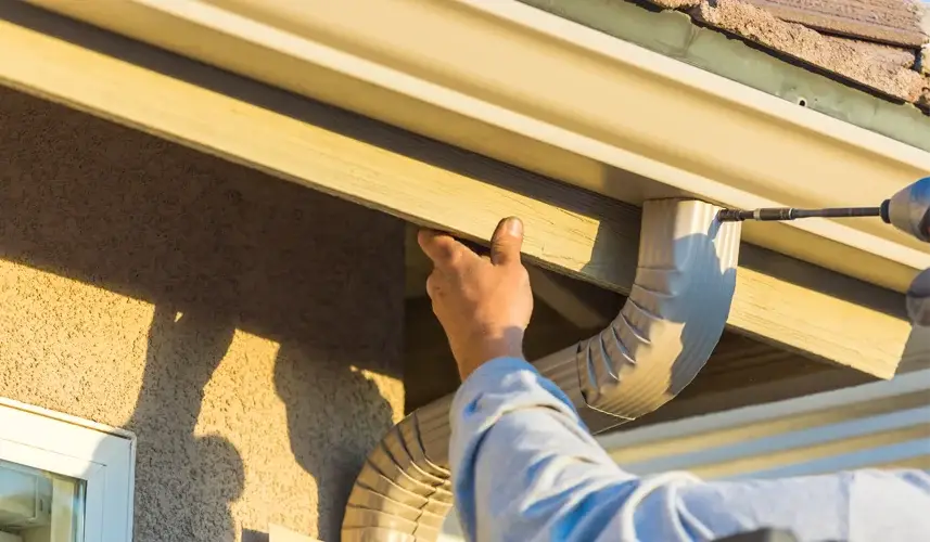Close-up of worker installing seamless gutter on a house roof.